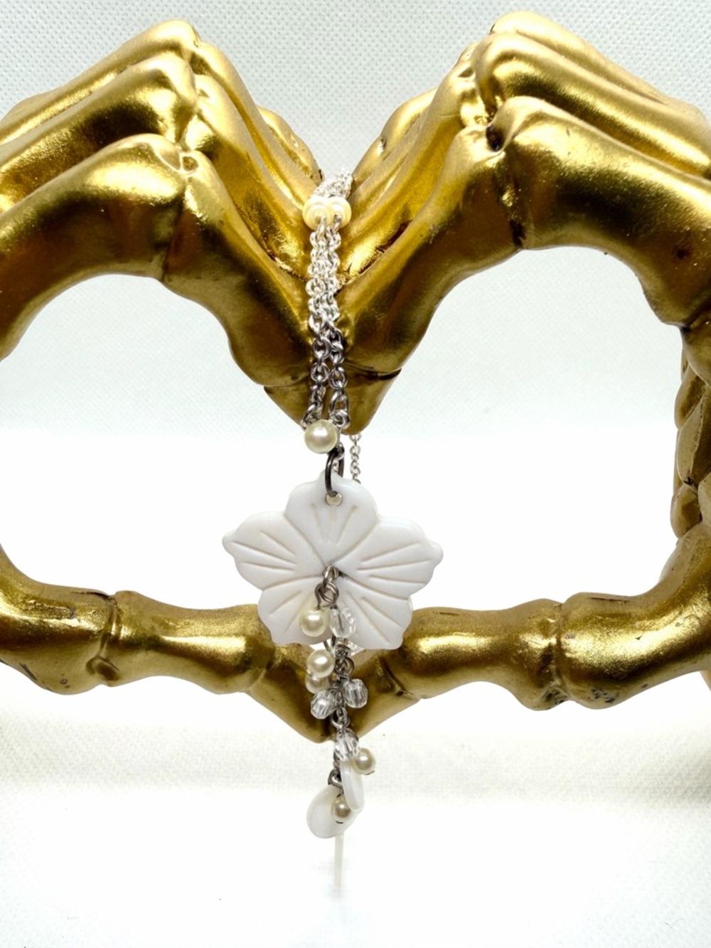 White Floral Drop Necklace with Acrylic Pearl & Crystal Accents - Picture 2 of 5